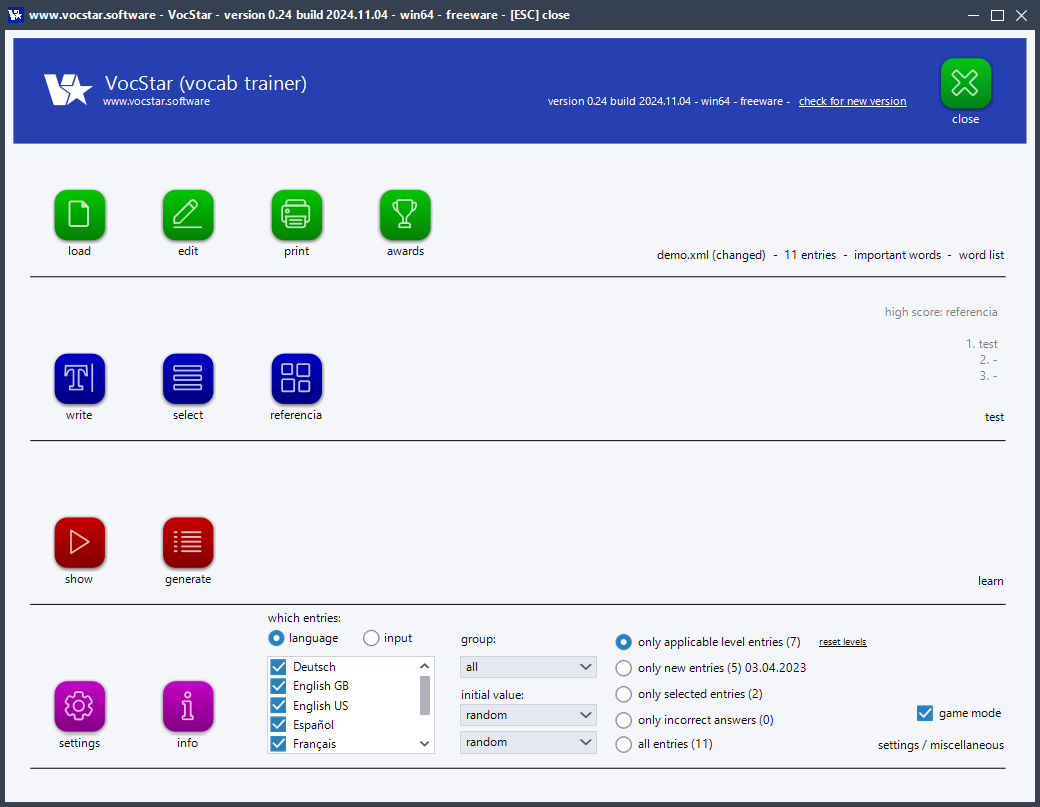 main menu